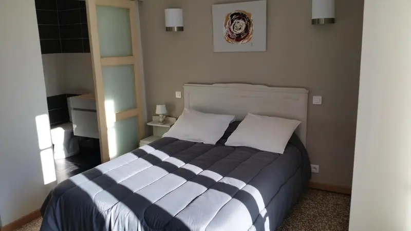 Une chambre lumineuse avec un lit double et un accès à une salle de bain.
