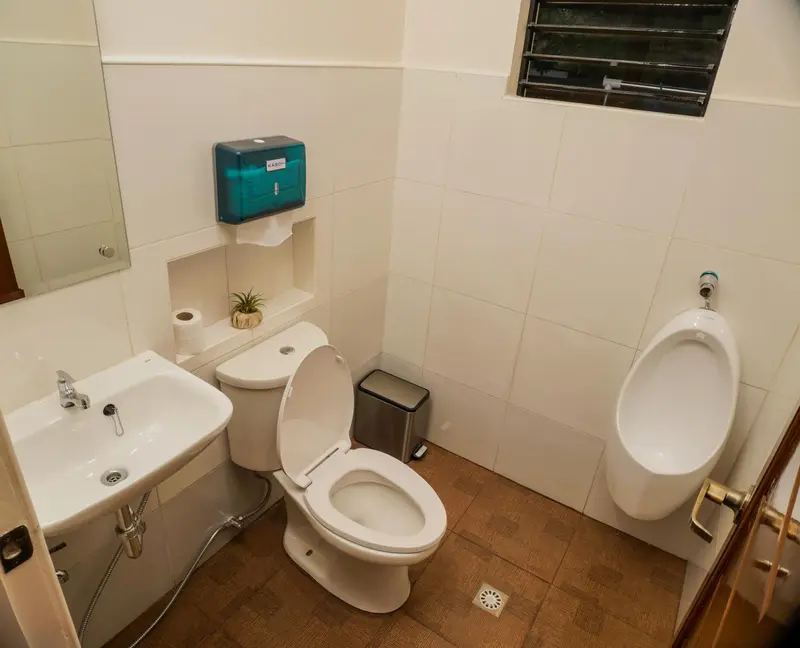 Petite salle de bain carreee avec lavabo, toilettes et urinoir.