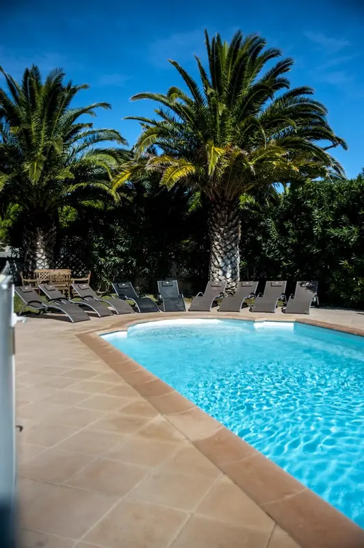 Transats alignés au bord d'une piscine turquoise sous des palmiers.