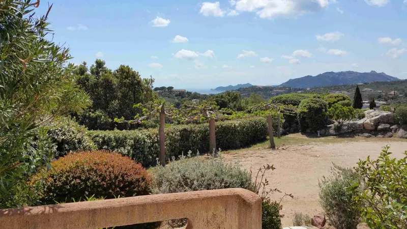 Vue d'un jardin arboré avec une pergola et un paysage montagneux en arrière-plan.