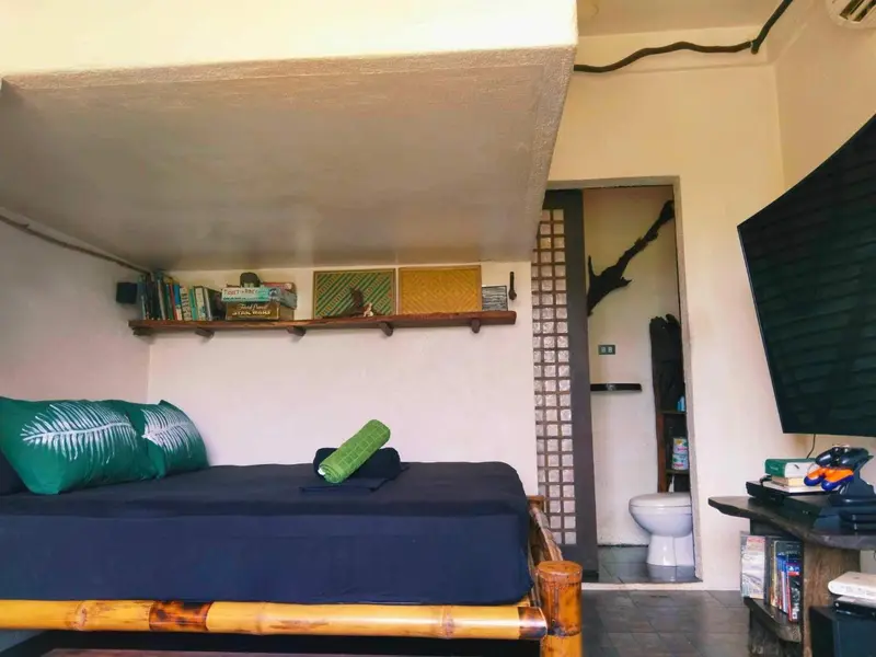 Une chambre avec un lit et un accès à une salle de bain.