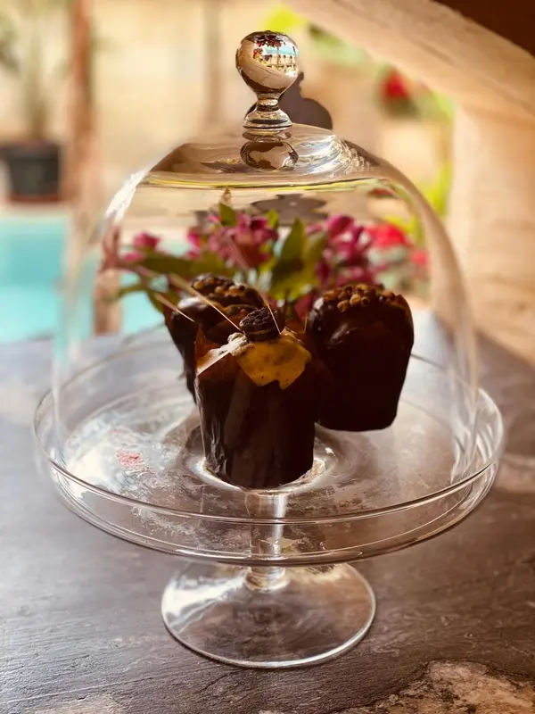 Assortiment de chocolats présentés sous une cloche de verre sur un présentoir.