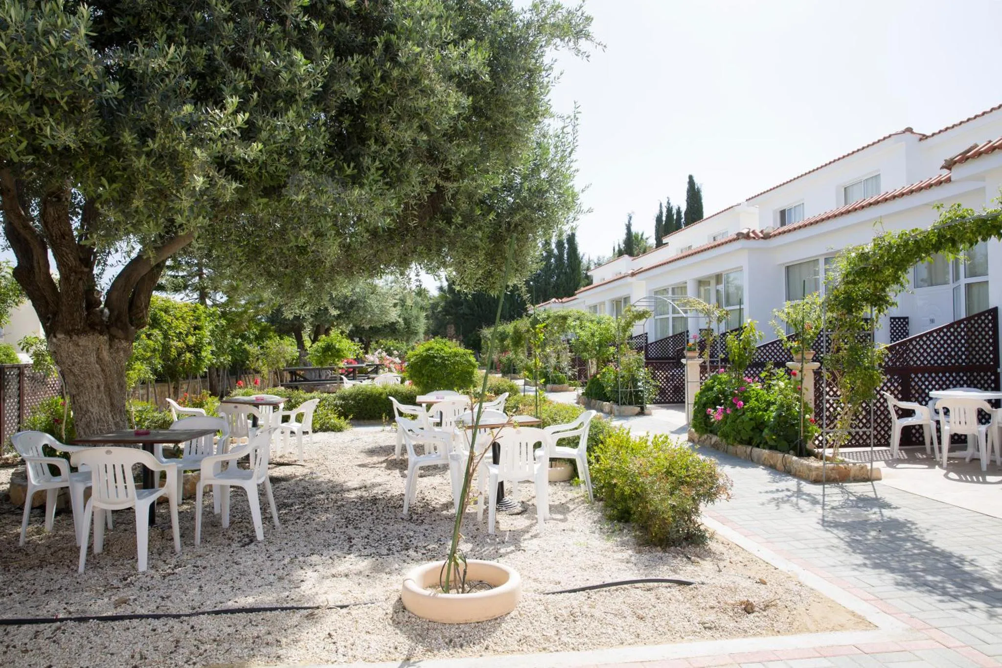 Terrasse ombragée avec tables et chaises blanches au milieu d'un jardin soigné.