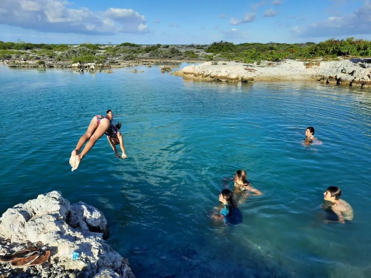 Une personne plonge dans une eau turquoise entourée d'autres baigneurs.