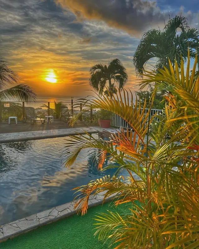 Une piscine au premier plan avec une végétation luxuriante et un coucher de soleil coloré en arrière-plan.