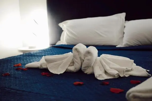 Un lit soigneusement fait avec des serviettes en forme de cygnes et des pétales de fleurs.