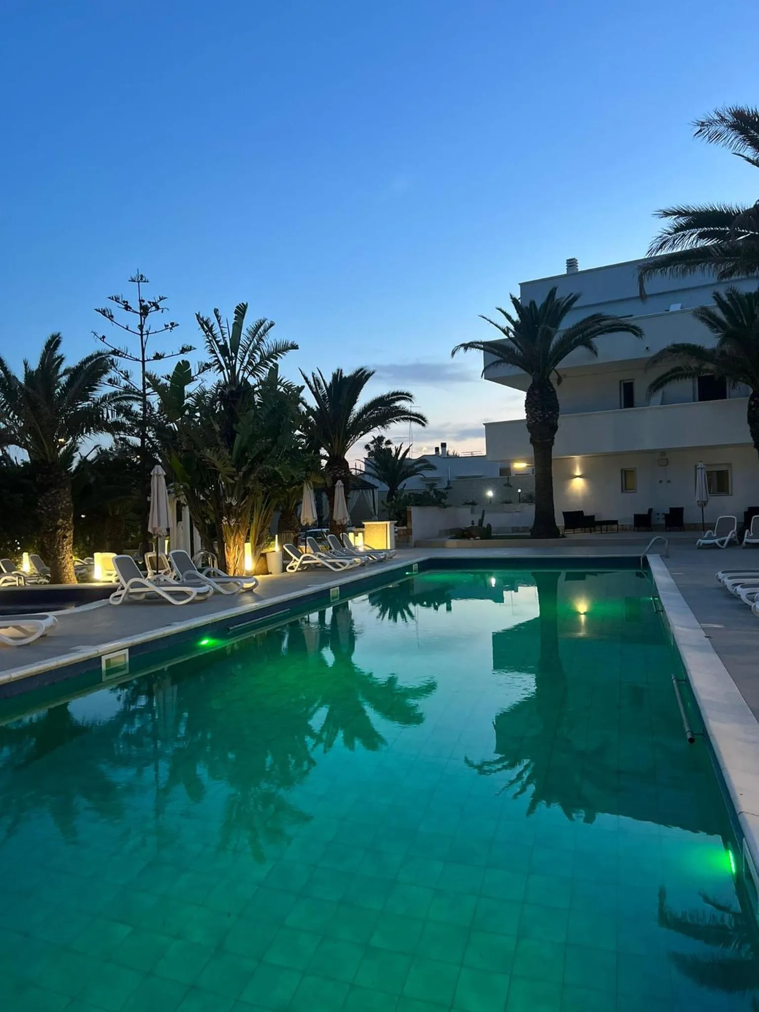 Piscine extérieure avec transats et végétation tropicale au crépuscule.