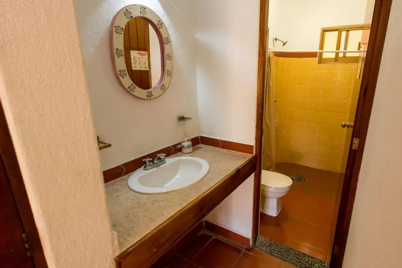 Une salle de bain avec lavabo et douche.