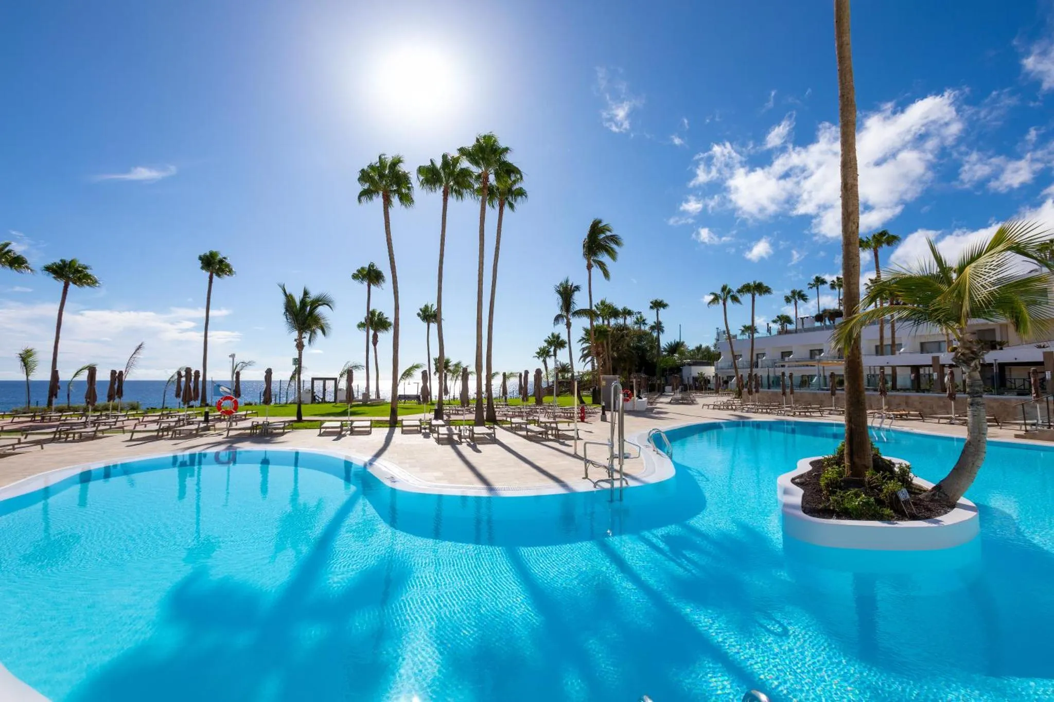 Une piscine turquoise bordée de transats sous les palmiers, avec une vue sur la mer.