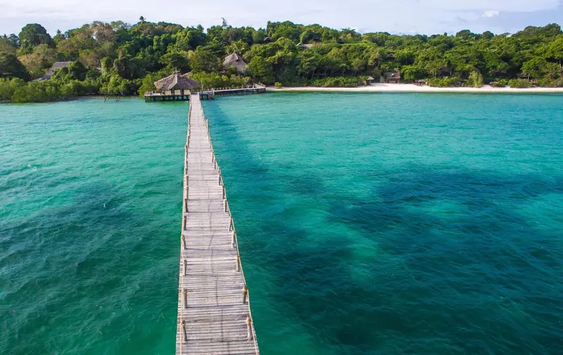Un ponton en bois s'avance sur une eau turquoise vers une plage de sable blanc bordée de végétation.