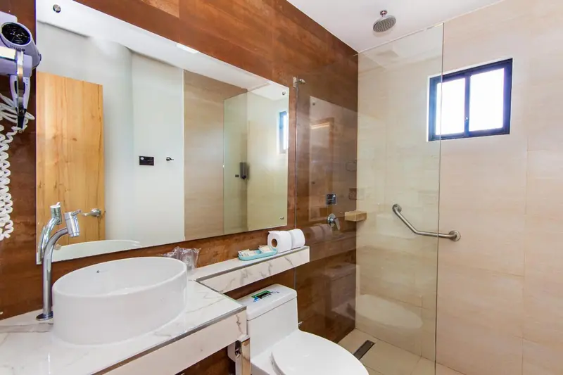Une salle de bain moderne avec lavabo, douche et toilettes.