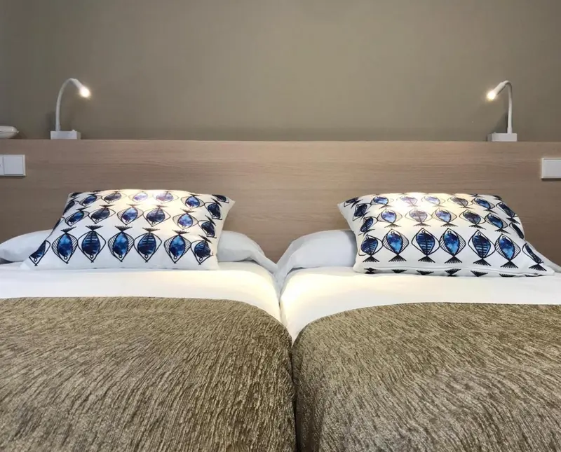 Deux lits simples avec des oreillers décorés dans une chambre.