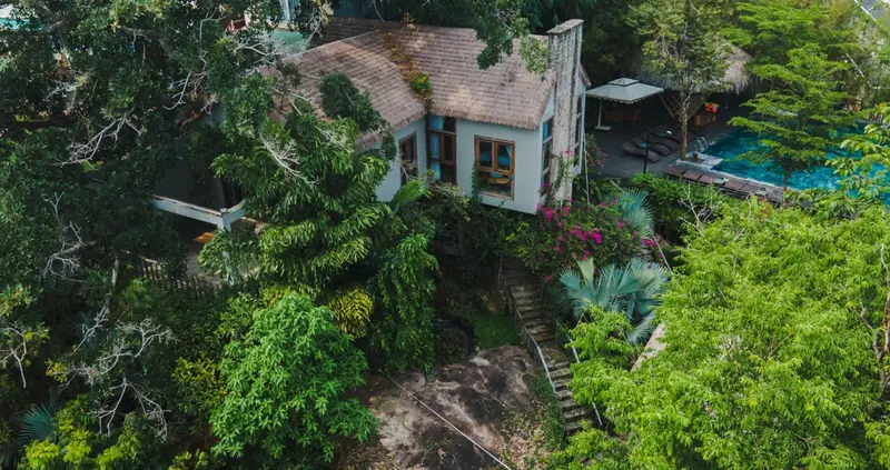 Vue aérienne d'une maison au toit de chaume entourée de végétation luxuriante et d'une piscine.