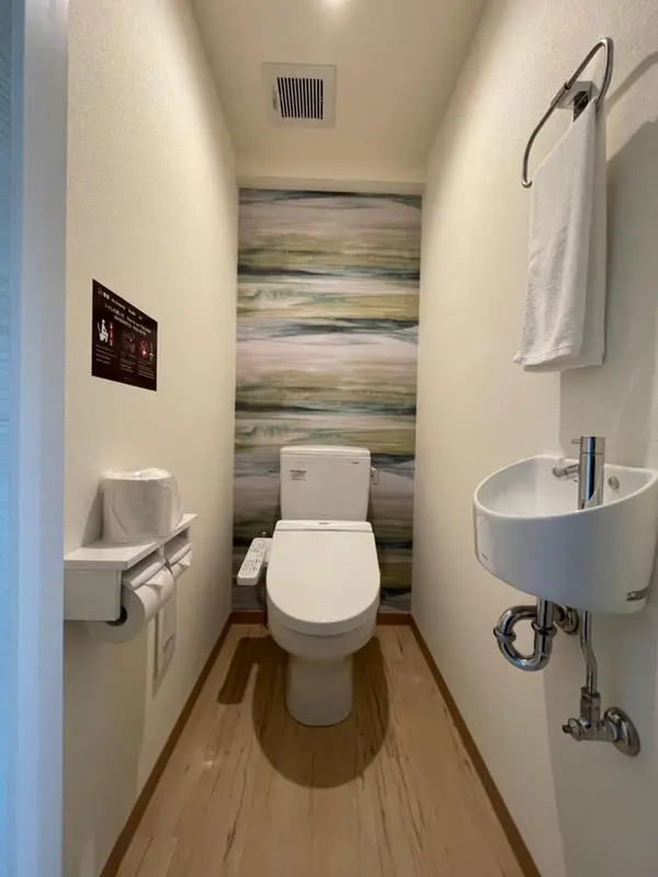 Petite salle de toilette avec des murs décoratifs.