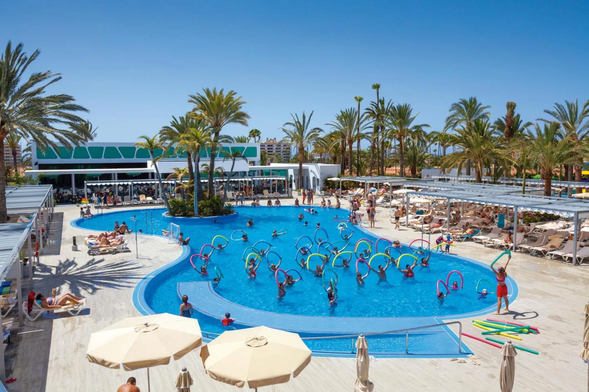 Une piscine bordée de transats et de parasols, avec des palmiers en arrière-plan.