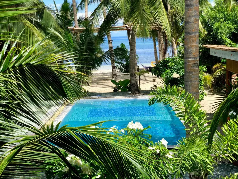 Une piscine rectangulaire bordée de végétation tropicale, avec une plage de sable fin et la mer en arrière-plan.