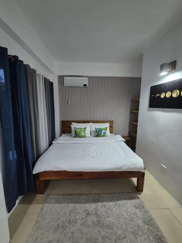 Une chambre lumineuse avec un grand lit et une décoration sobre.