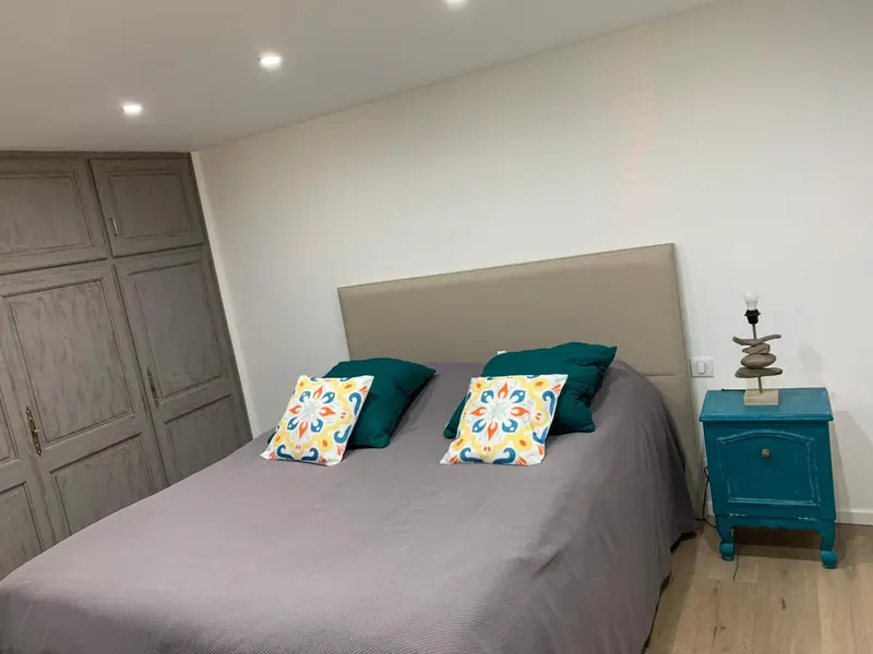 Une chambre avec un grand lit recouvert d'une couverture grise et de coussins décoratifs.