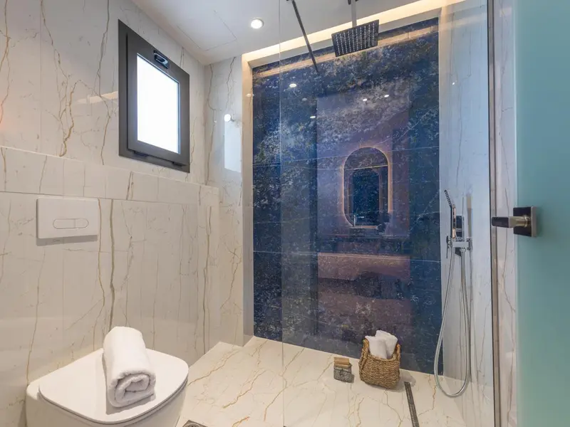 Une douche à l'italienne moderne avec des carreaux bleus et blancs.