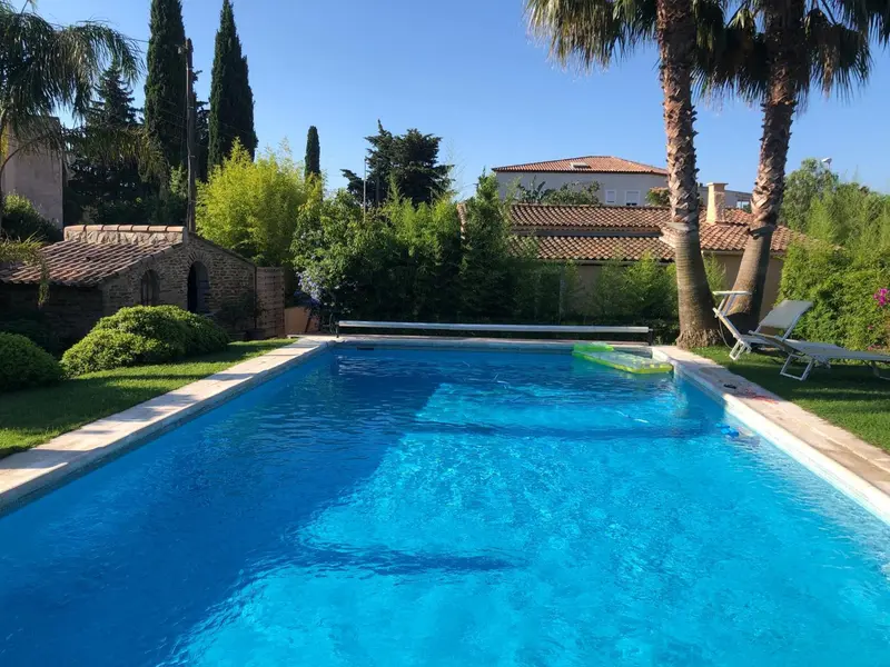 Une piscine rectangulaire bordée d'une pelouse verdoyante et de végétation luxuriante.
