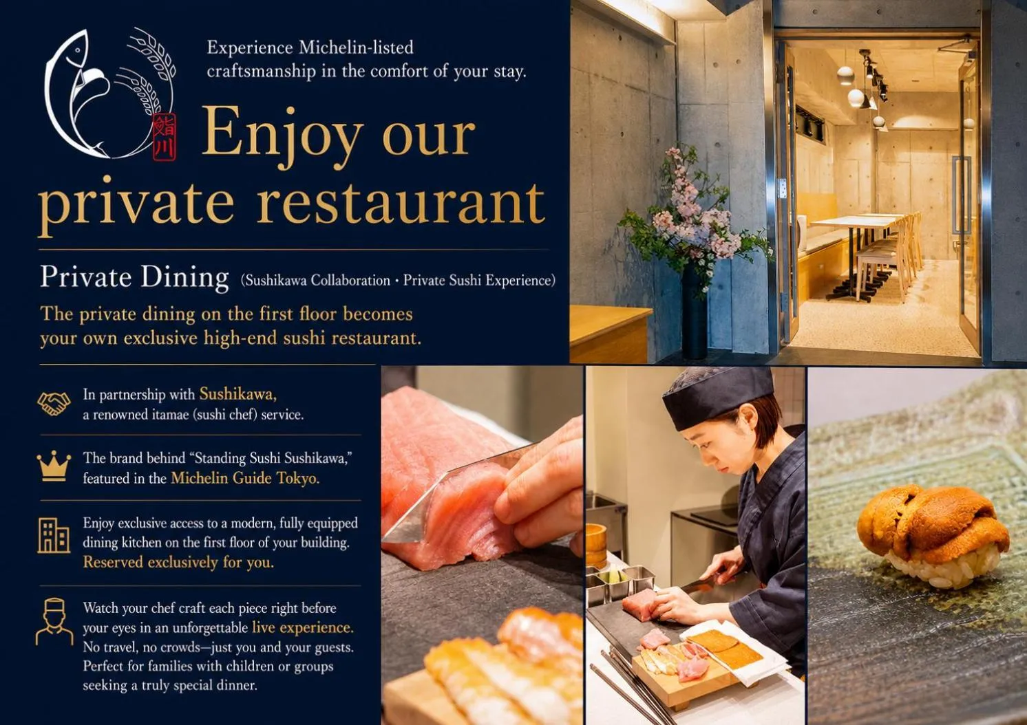 Une salle de restaurant élégante avec un chef préparant des sushis devant des clients.