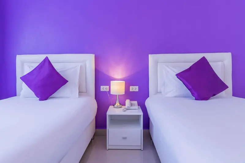 Deux lits simples avec des oreillers violets dans une chambre aux murs violets.