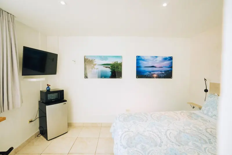Une chambre lumineuse avec un lit et un téléviseur mural.