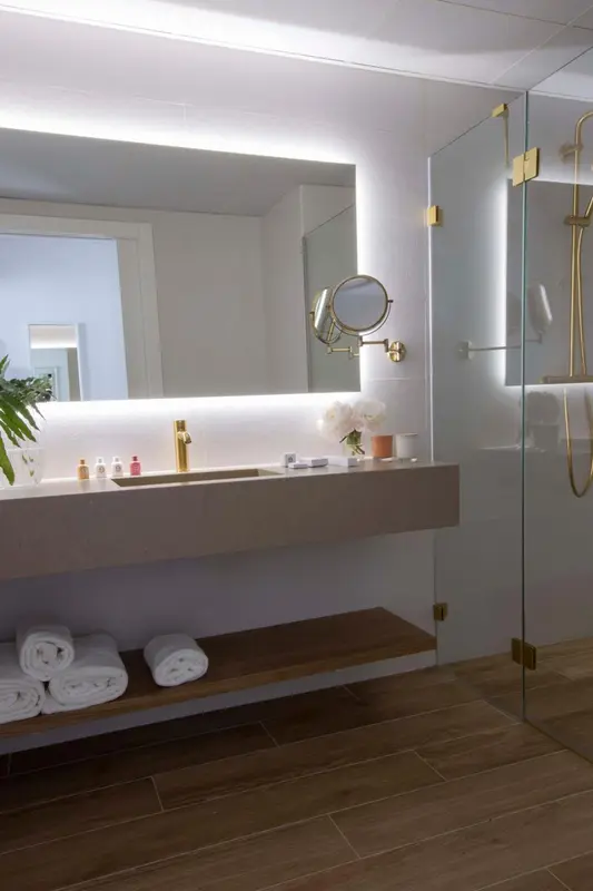 Une salle de bain moderne avec une douche à l'italienne et un grand miroir.