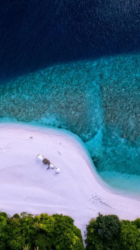 Plage de sable blanc bordée d'une eau turquoise et d'une végétation luxuriante.