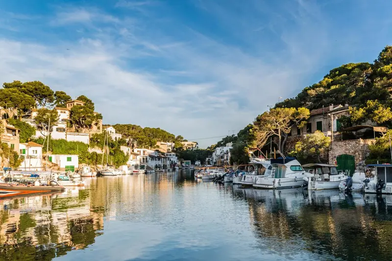 Port de plaisance ensoleillé avec des bateaux amarrés et une végétation luxuriante sur les collines.