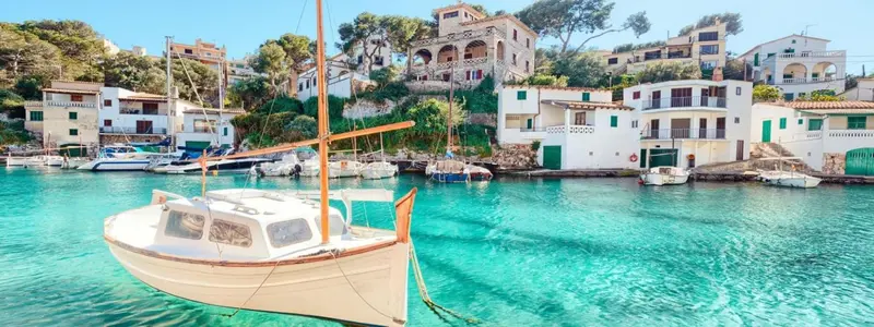 Vue d'un port de plaisance avec des bateaux amarrés dans une crique turquoise.