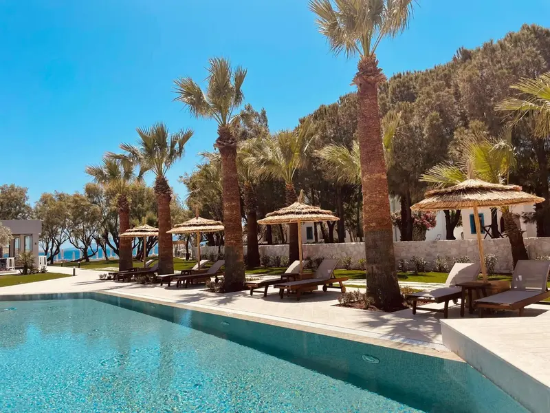 Transats et parasols ombragent une piscine bordée d'une pelouse verdoyante.
