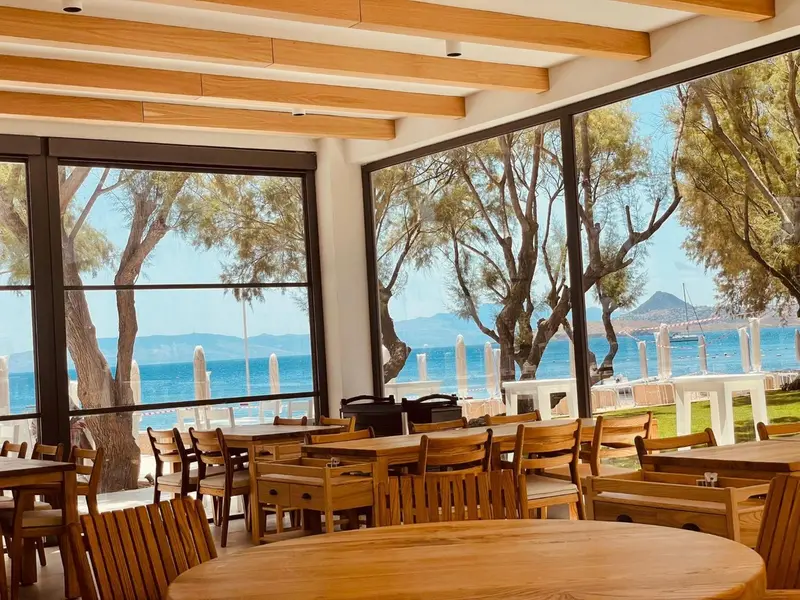 Une salle à manger lumineuse donne sur une plage ensoleillée.