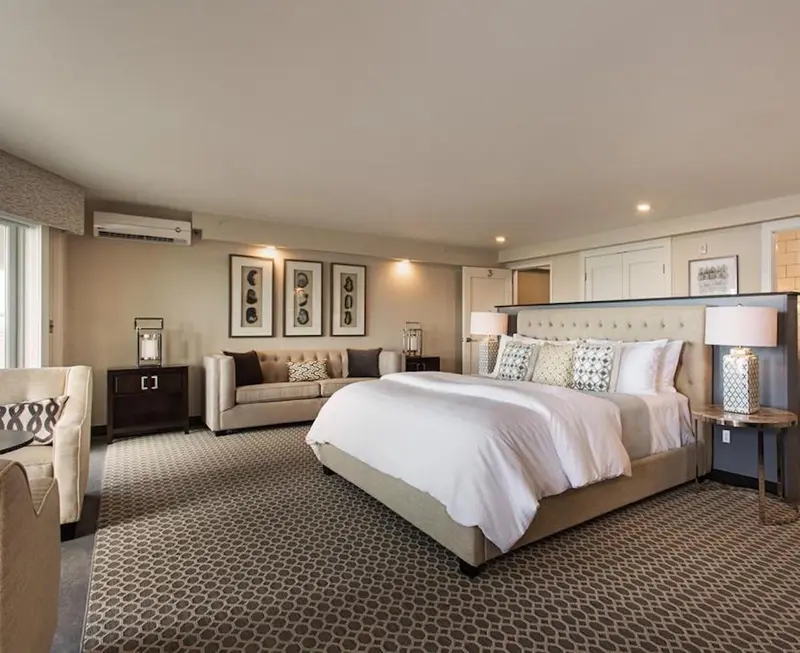 Une chambre spacieuse avec un grand lit et un coin salon.