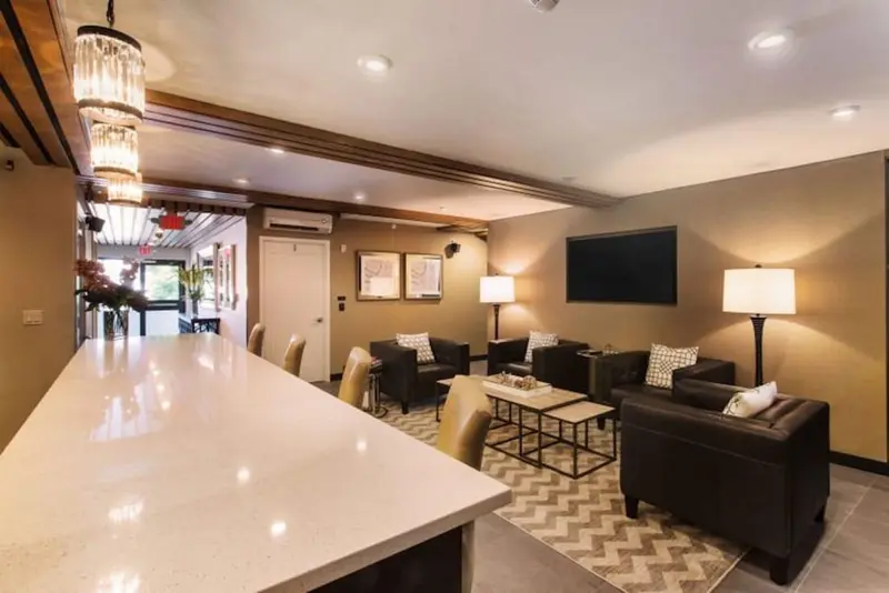 Un espace de détente avec canapés et un comptoir de bar.