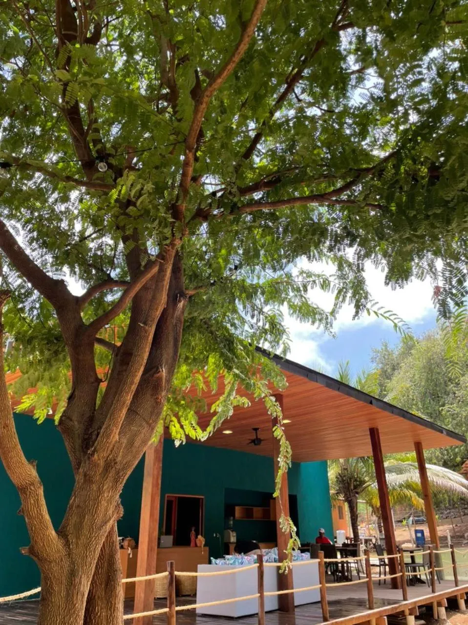 Terrasse ombragée avec mobilier d'extérieur et bâtiment turquoise.