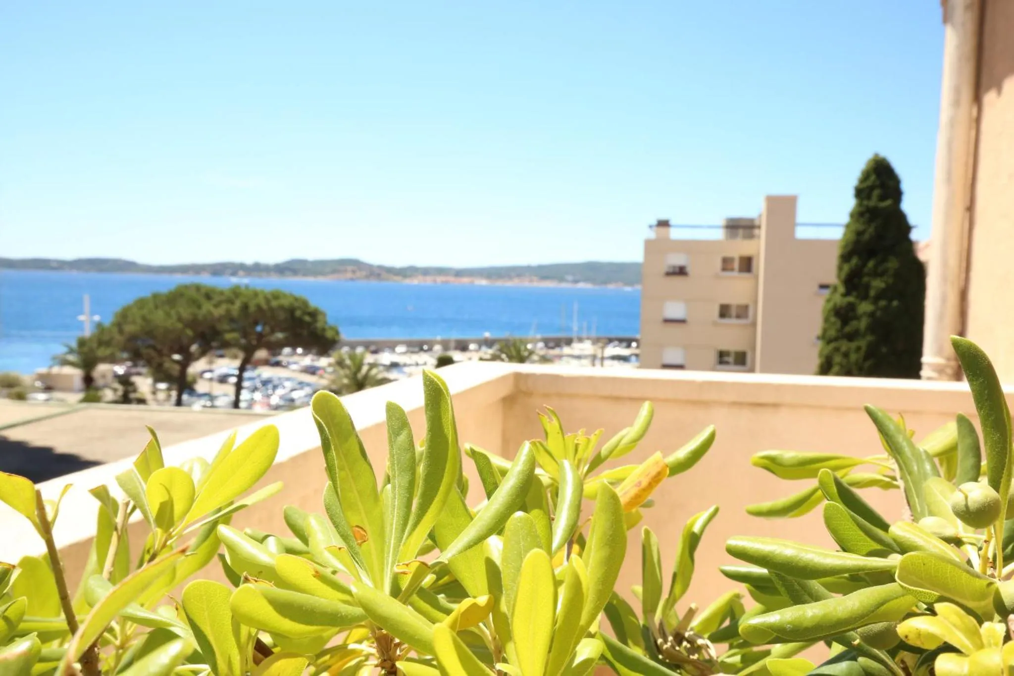 Vue sur la mer depuis une terrasse ensoleillée.