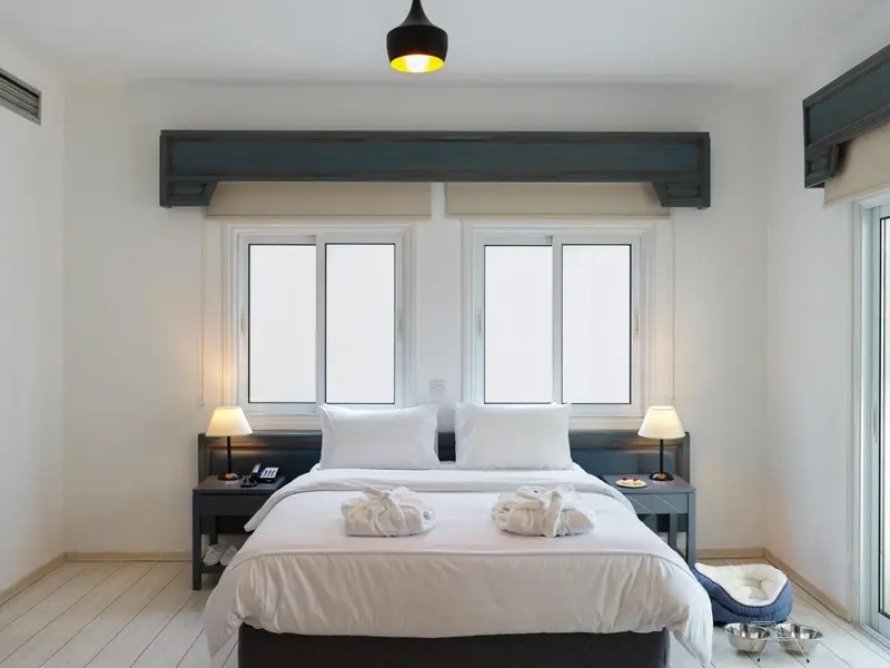 Une chambre lumineuse avec un grand lit blanc et deux fenêtres.