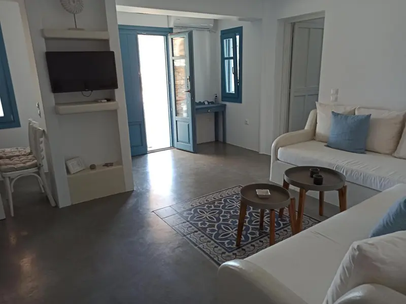 Espace de vie lumineux avec canapé, table basse et télévision.