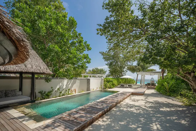 Petite piscine rectangulaire bordée d'une terrasse en bois et de végétation tropicale.