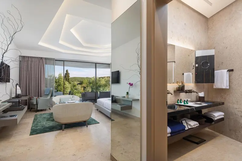 Espace de vie lumineux avec canapé, télévision et salle de bain moderne.