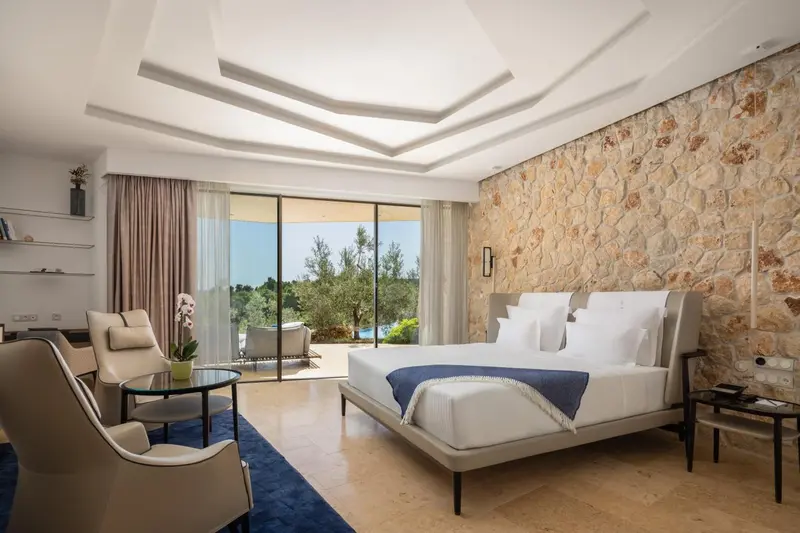 Chambre lumineuse avec un grand lit et un espace salon donnant sur un paysage verdoyant.