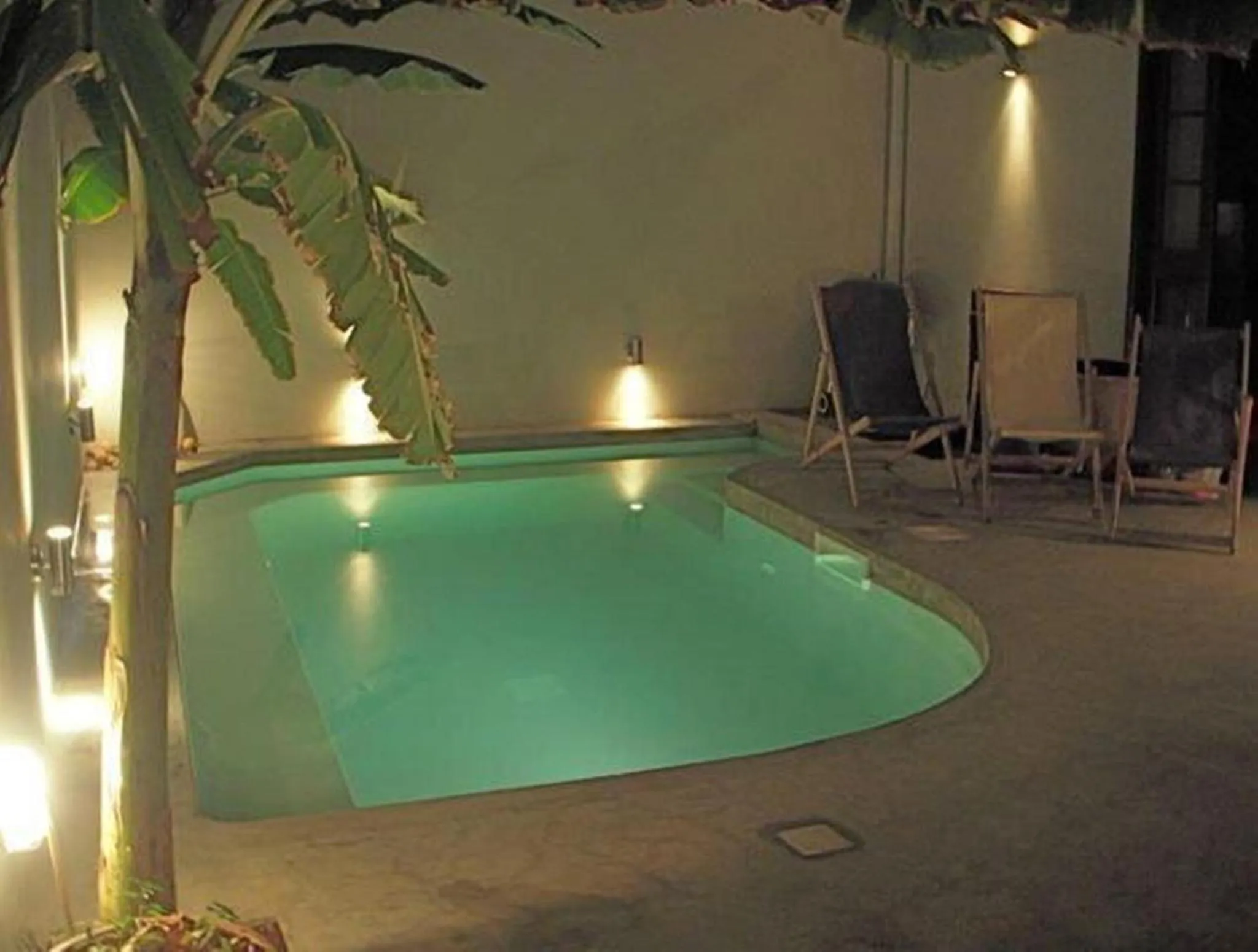 Une piscine éclairée au crépuscule, entourée de végétation et de chaises longues.