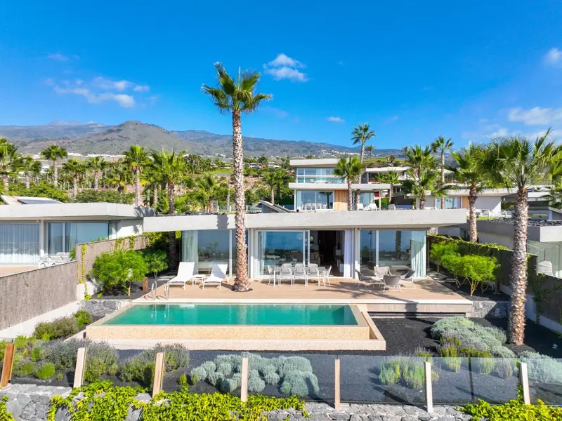 Vue aérienne d'une villa moderne avec piscine et végétation luxuriante.