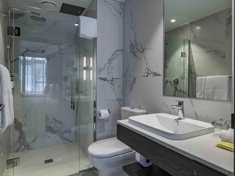 Une salle de bain moderne avec douche à l'italienne et lavabo.