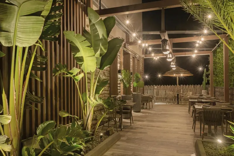 Terrasse illuminée avec tables et chaises, entourée de végétation tropicale.