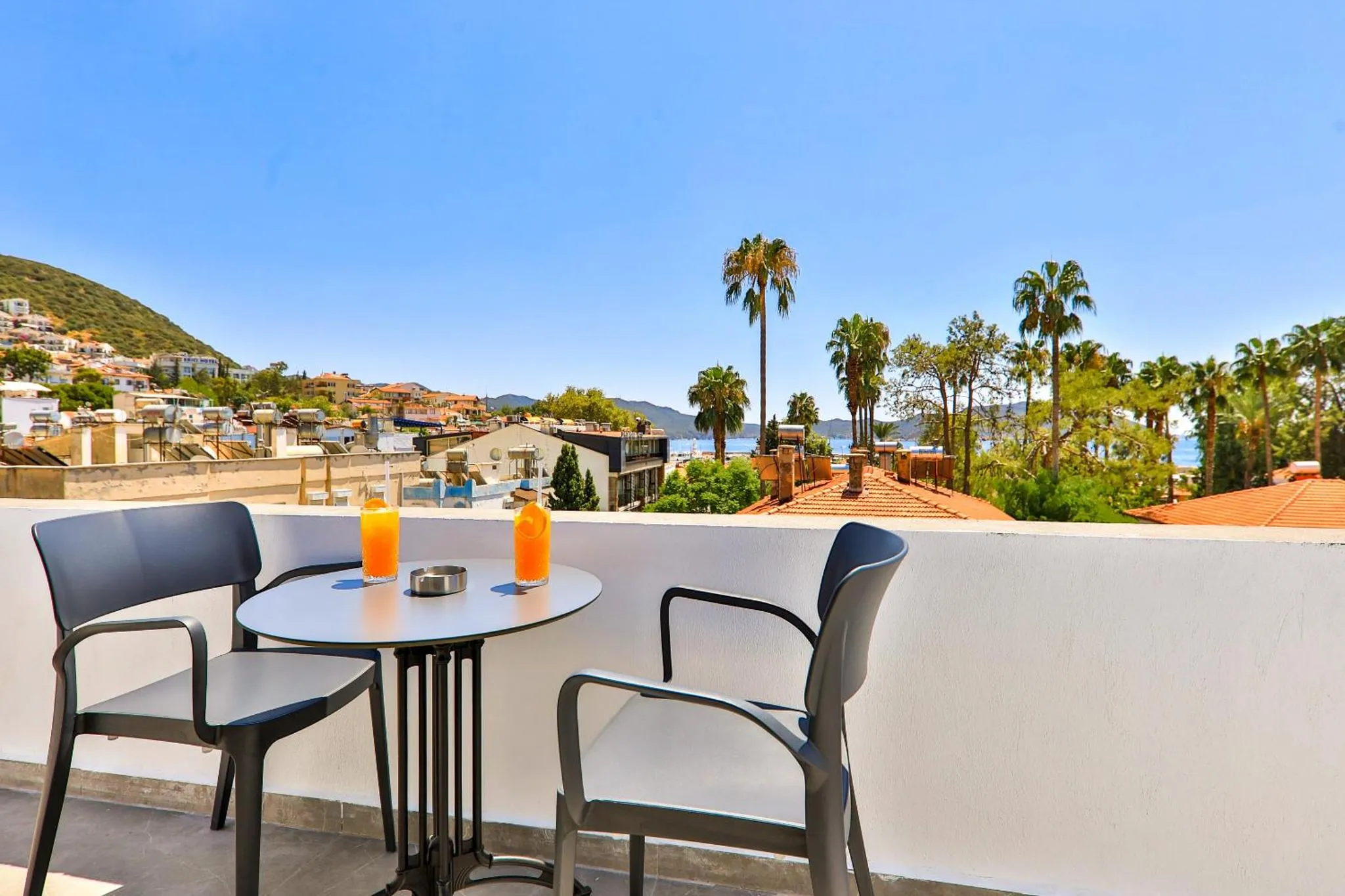 Une terrasse avec une table et deux chaises offre une vue sur la mer et la végétation.