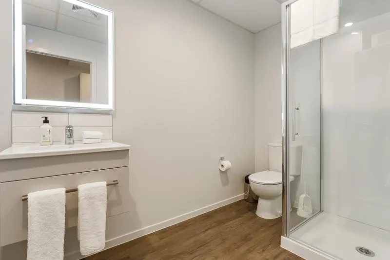 Une salle de bain moderne avec douche à l'italienne et lavabo.