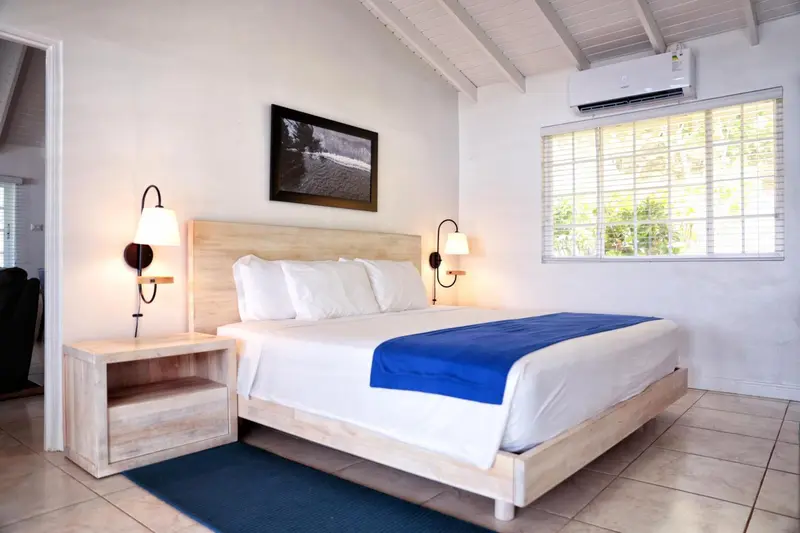 Une chambre lumineuse avec un grand lit recouvert d'une courtepointe bleue.