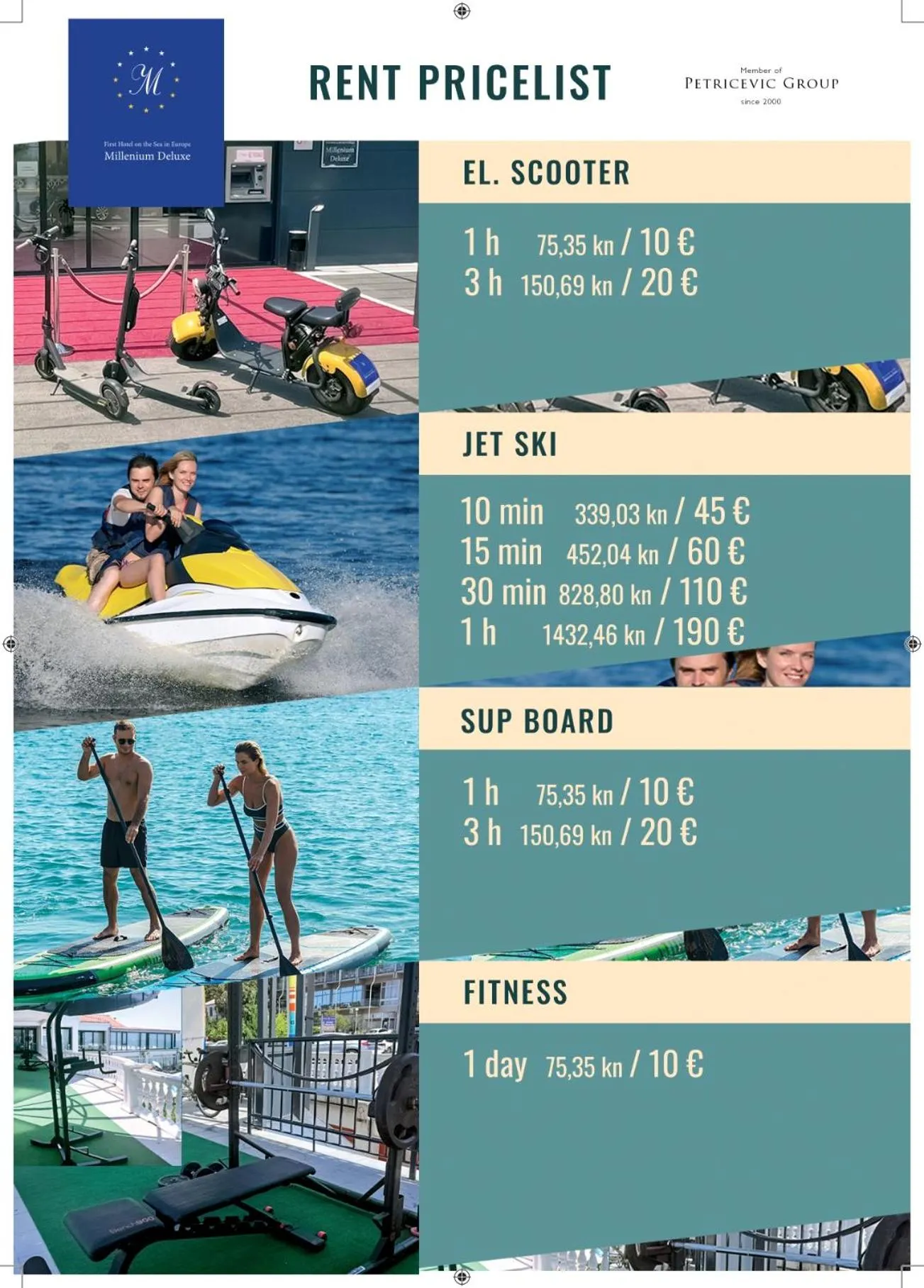 Plusieurs personnes s'amusent sur des jet-skis et des planches de paddle dans une eau turquoise.